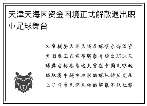天津天海因资金困境正式解散退出职业足球舞台 天津天海因资金困境正式解散退出职业足球舞台
